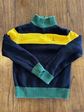 Polo Ralph Lauren Boys L 14-16 Striped Quarter Zip Sweater Navy Yellow